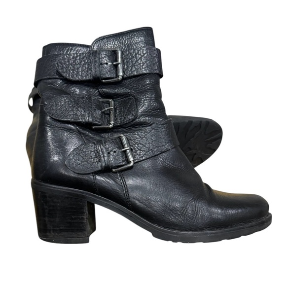 Clarks 1825 Black Leather Ankle Biker Boots Triple Buckle Zipper Women Size 8.5M - Picture 5 of 12